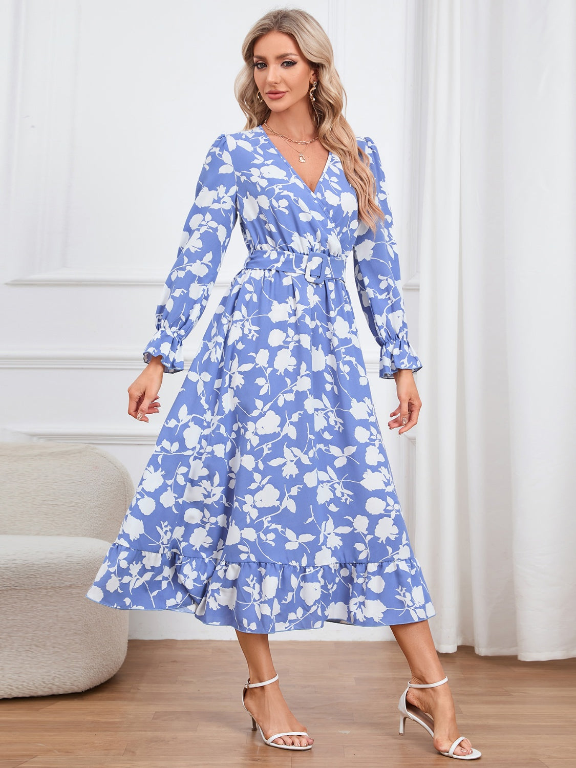 Floral Surplice Flounce Sleeve Ruffle Hem Dress-Angel Casuals