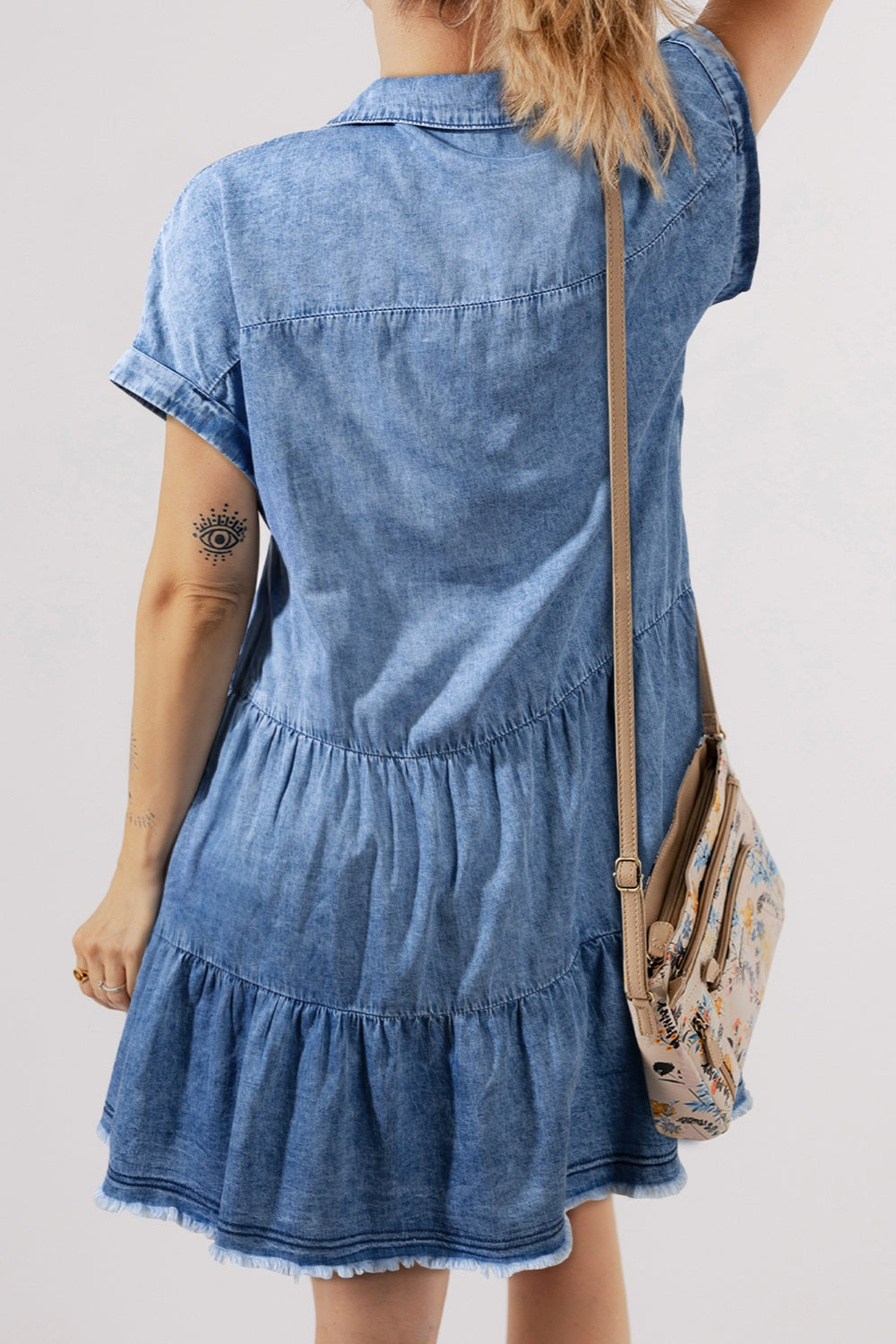 Raw Hem Collared Neck Short Sleeve Denim Dress-Angel Casuals