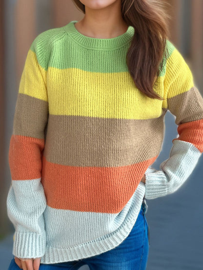 Color Block Round Neck Long Sleeve Sweater-Angel Casuals