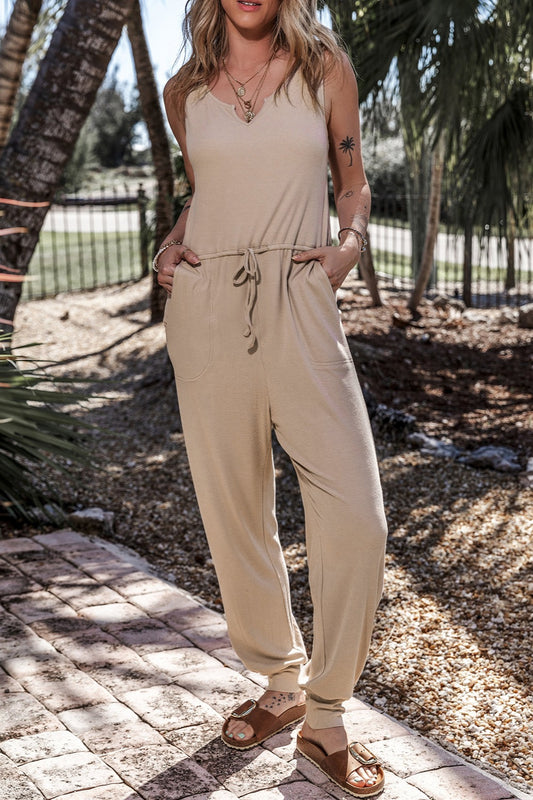 Drawstring Notched Wide Strap Jumpsuit-Angel Casuals