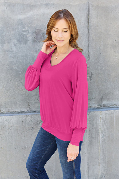 Basic Bae Full Size V-Neck Lantern Sleeve Blouse-Angel Casuals