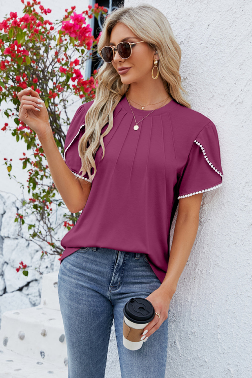 Round Neck Petal Sleeve T-Shirt-Angel Casuals