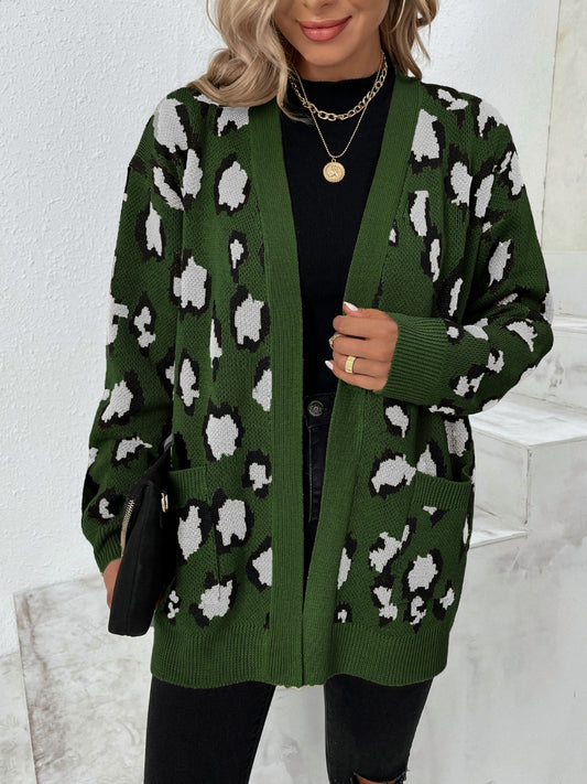 Leopard Open Front Dropped Shoulder Cardigan-Angel Casuals