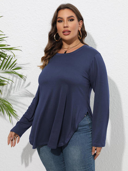 Plus Size Round Neck Long Sleeve Slit T-Shirt-Angel Casuals