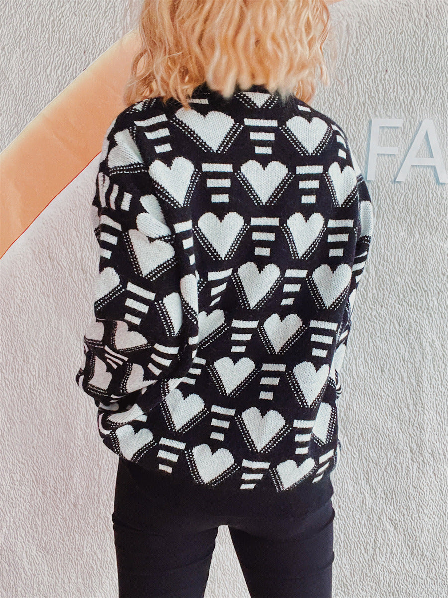 Heart Contrast Long Sleeve Dropped Shoulder Sweater-Angel Casuals