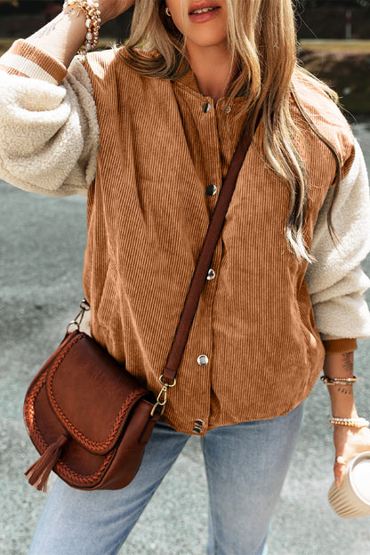 Contrast Baseball Collar Snap Down Long Sleeve Jacket-Angel Casuals