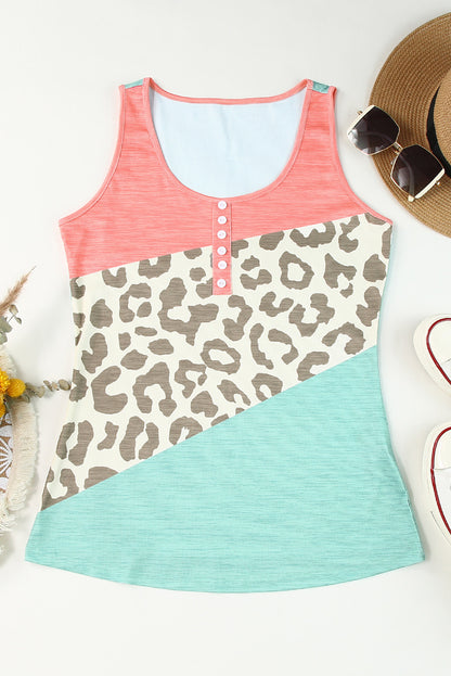 Leopard Color Block Decorative Button Tank-Angel Casuals