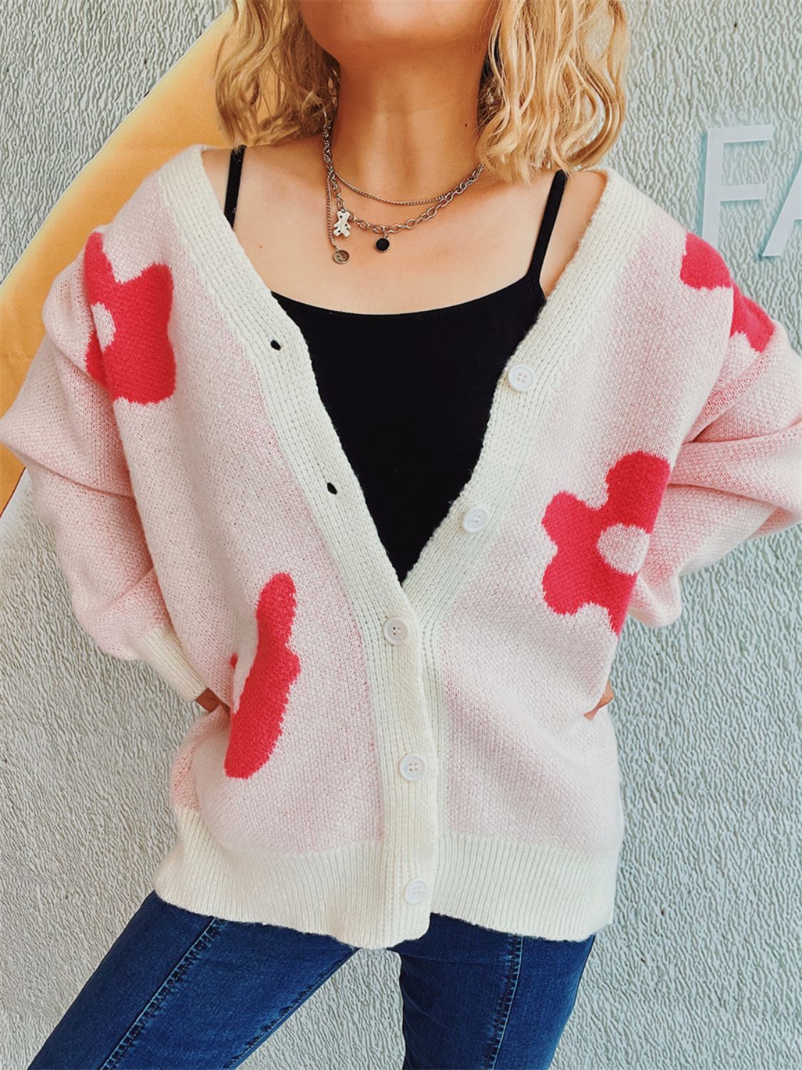 Flower Button Down V-Neck Long Sleeve Cardigan-Angel Casuals
