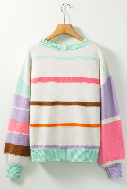 Contrast Striped Round Neck Drop Shoulder Sweater-Angel Casuals