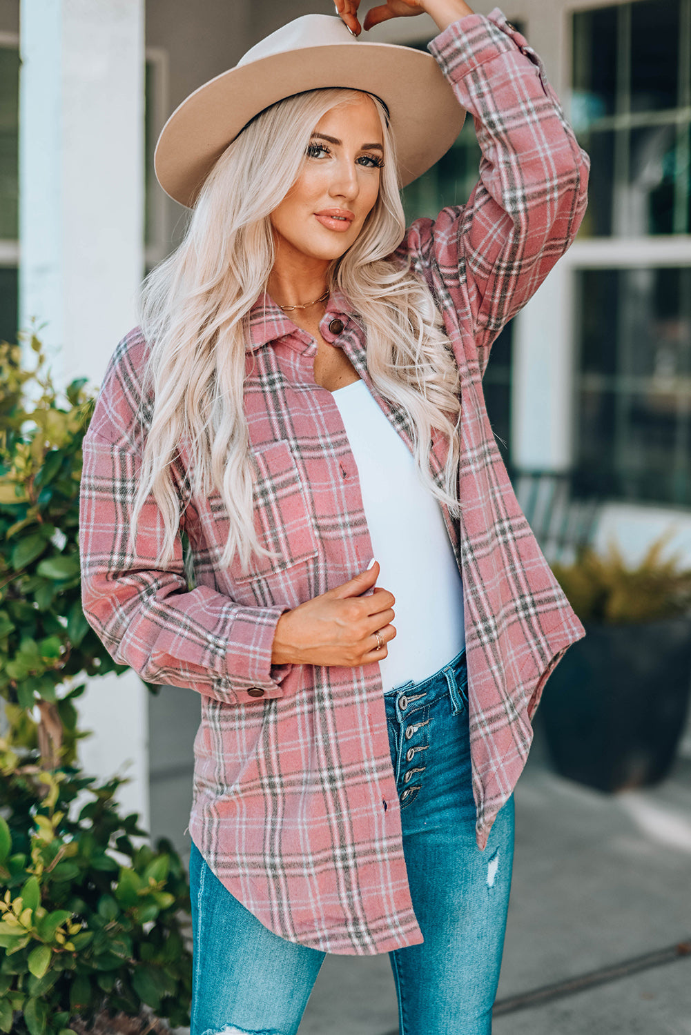 Plaid Curved Hem Dropped Shoulder Longline Shirt Jacket-Angel Casuals