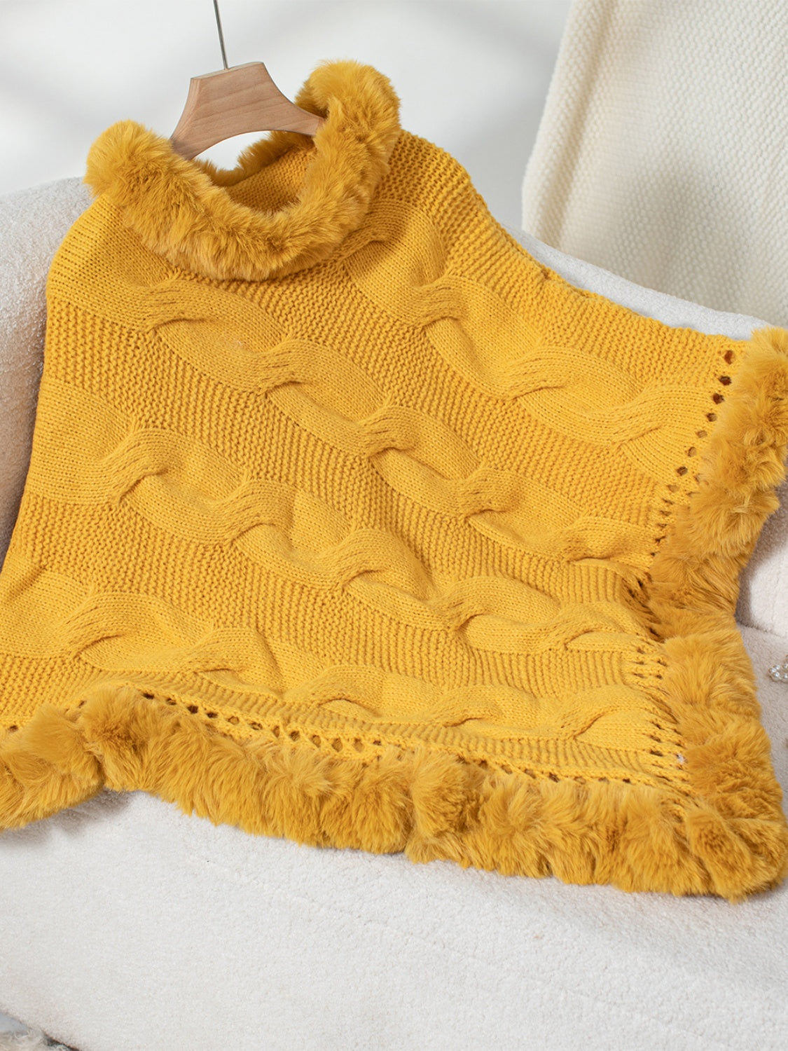 Fuzzy Hem Cable-Knit Poncho-Angel Casuals