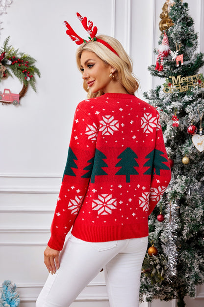 Christmas Tree Round Neck Long Sleeve Sweater-Angel Casuals