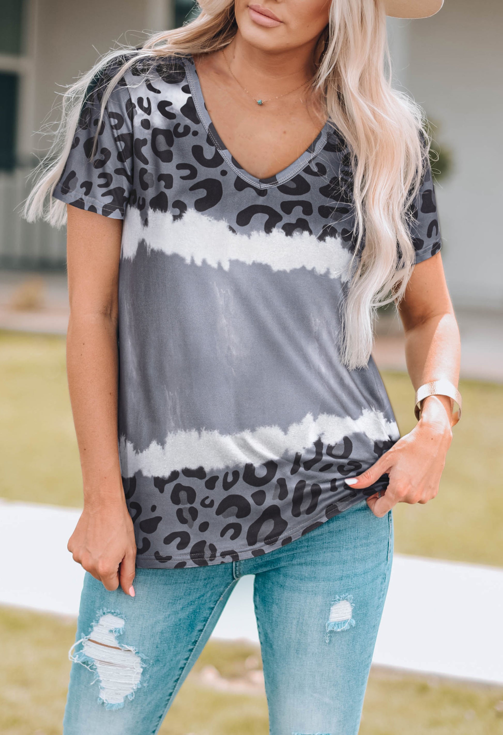 Leopard V-Neck Tee Shirt-Angel Casuals