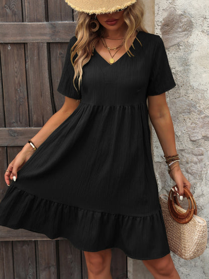 V-Neck Short Sleeve Mini Dress-Angel Casuals