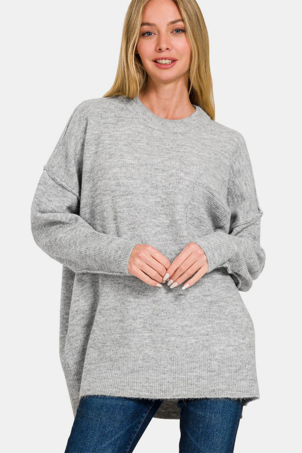 Zenana High-Low Hem Drop Shoulder Sweater-Angel Casuals