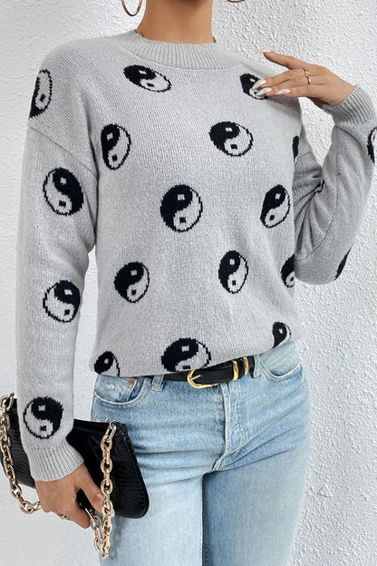 Graphic Mock Neck Dropped Shoulder Sweater-Angel Casuals