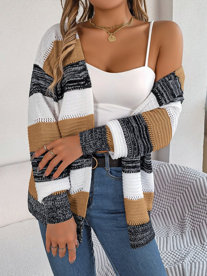 Openwork Striped Open Front Cardigan-Angel Casuals