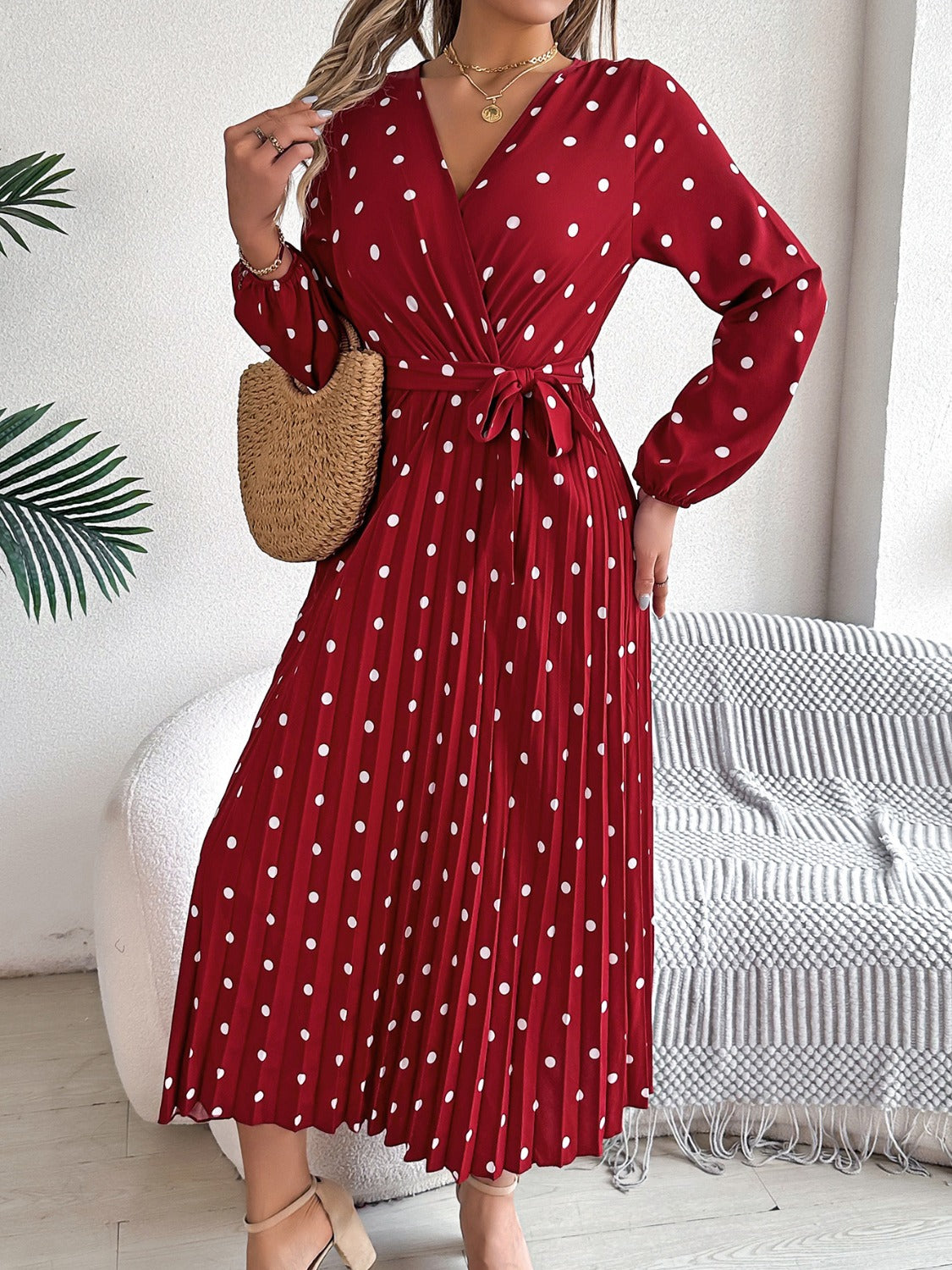 Tied Polka Dot Long Sleeve Midi Dress-Angel Casuals