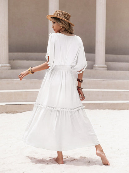 Tassel Trim Smocked V-Neck Short Sleeve Dress-Angel Casuals