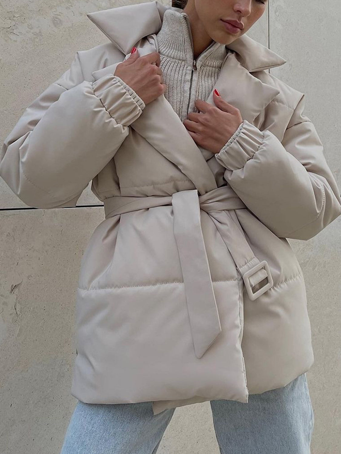 Puffer Long Sleeve Winter Coat with Belt-Angel Casuals