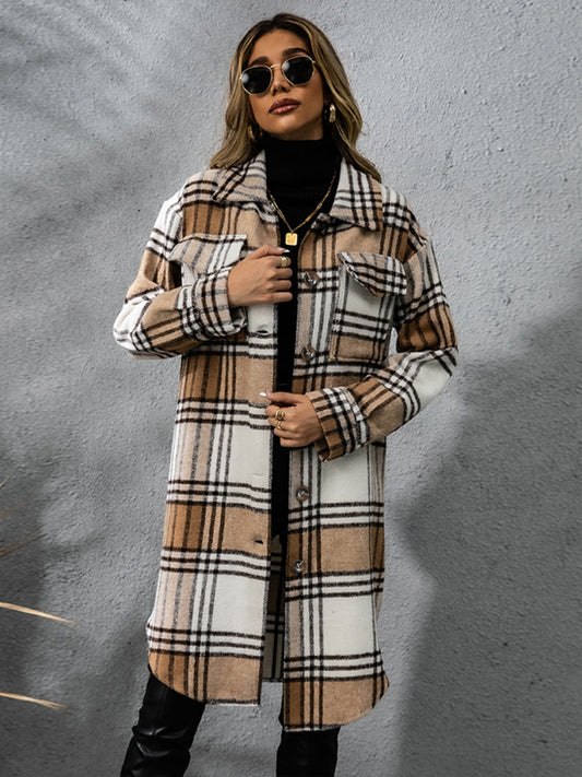 Plaid Collared Neck Long Sleeve Coat-Angel Casuals