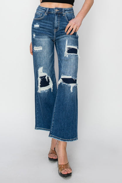 Risen Full Size High Rise Patch Detailed Wide Leg Crop Jeans-Angel Casuals