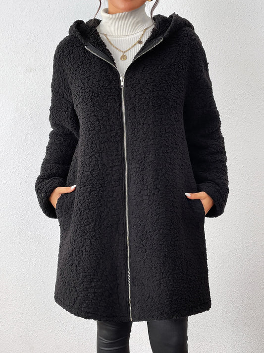 Zip Up Long Sleeve Sherpa Hooded Coat-Angel Casuals