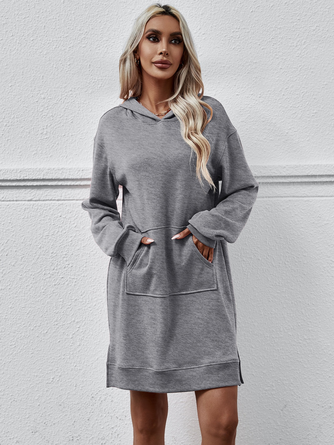 Slit Long Sleeve Hooded Dress with Pocket-Angel Casuals