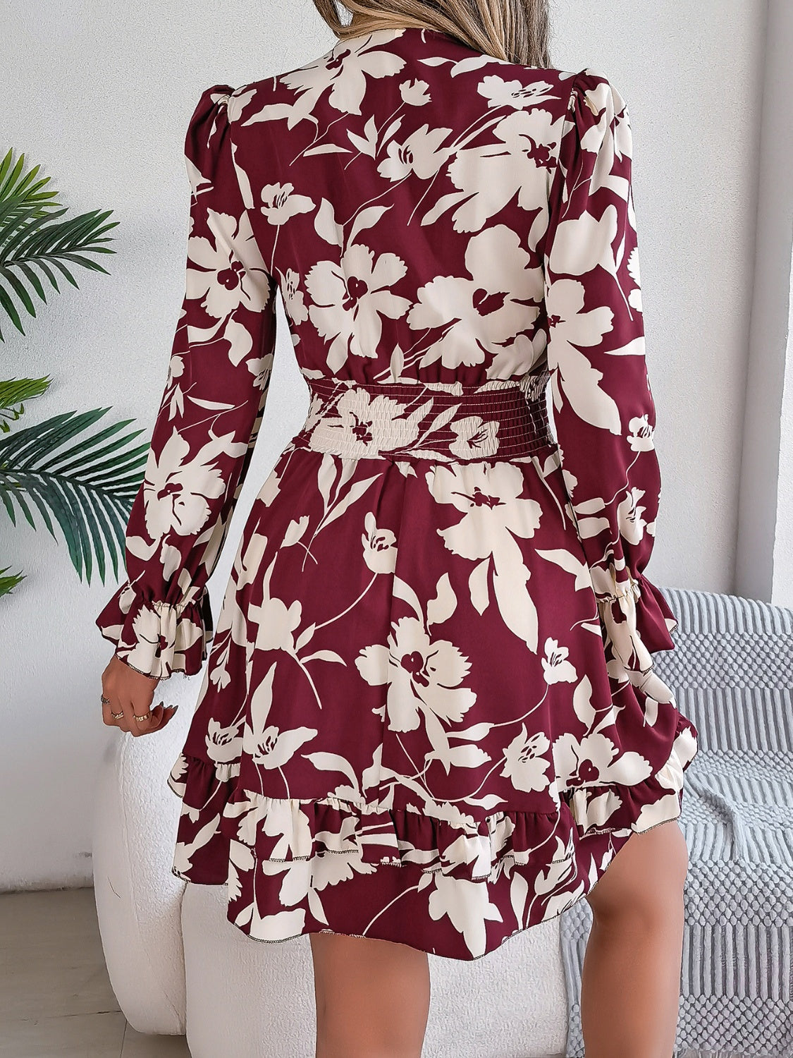 Tied Ruffled Printed Long Sleeve Dress-Angel Casuals