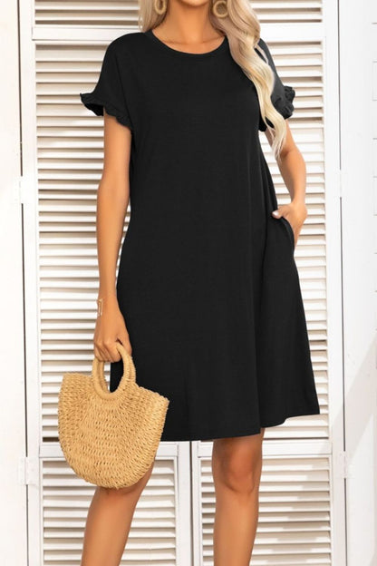 Flounce Sleeve Round Neck Dress with Pockets-Angel Casuals