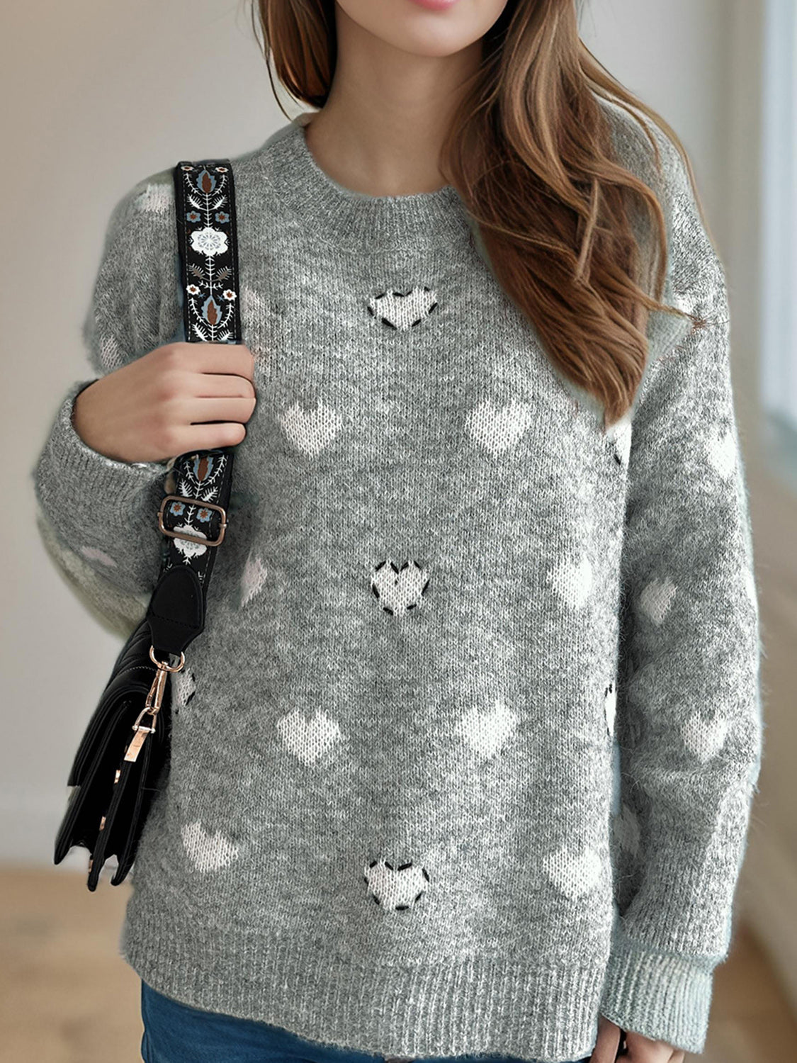 Heart Round Neck Long Sleeve Sweater-Angel Casuals