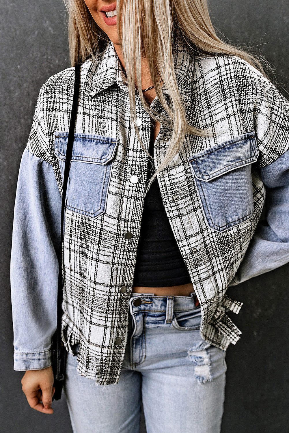 Plaid Pocketed Snap Down Denim Jacket-Angel Casuals