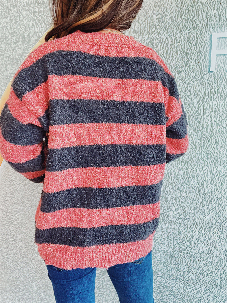 Striped Round Neck Long Sleeve Sweater-Angel Casuals