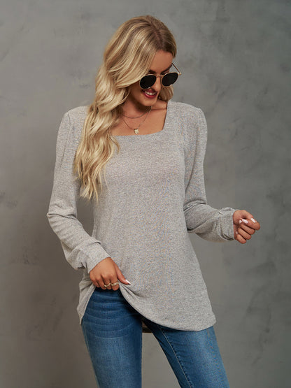 Heathered Square Neck Long Sleeve T-Shirt-Angel Casuals