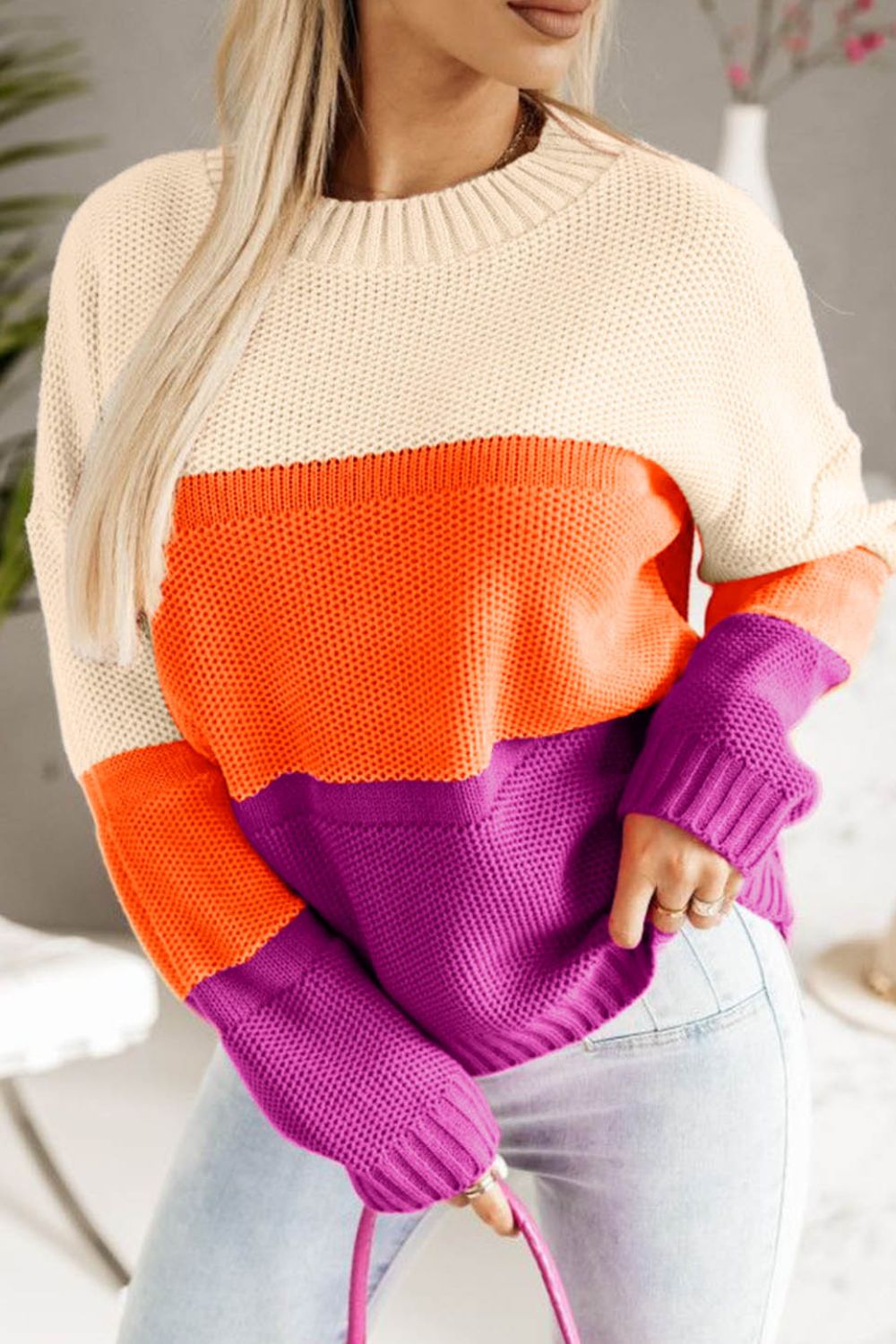 Color Block Drop Shoulder Round Neck Sweater-Angel Casuals
