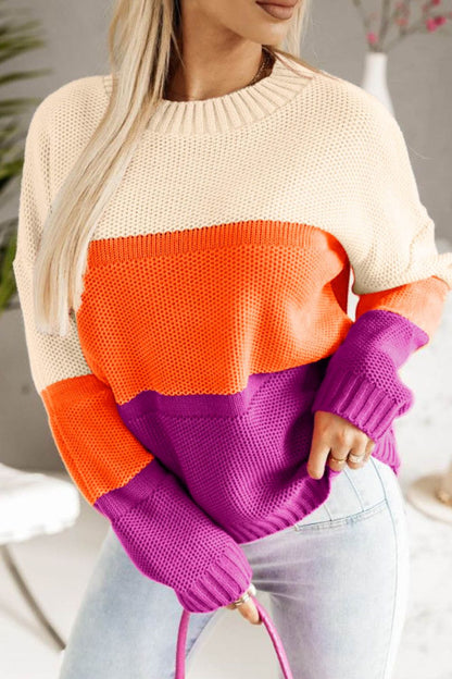 Color Block Drop Shoulder Round Neck Sweater-Angel Casuals