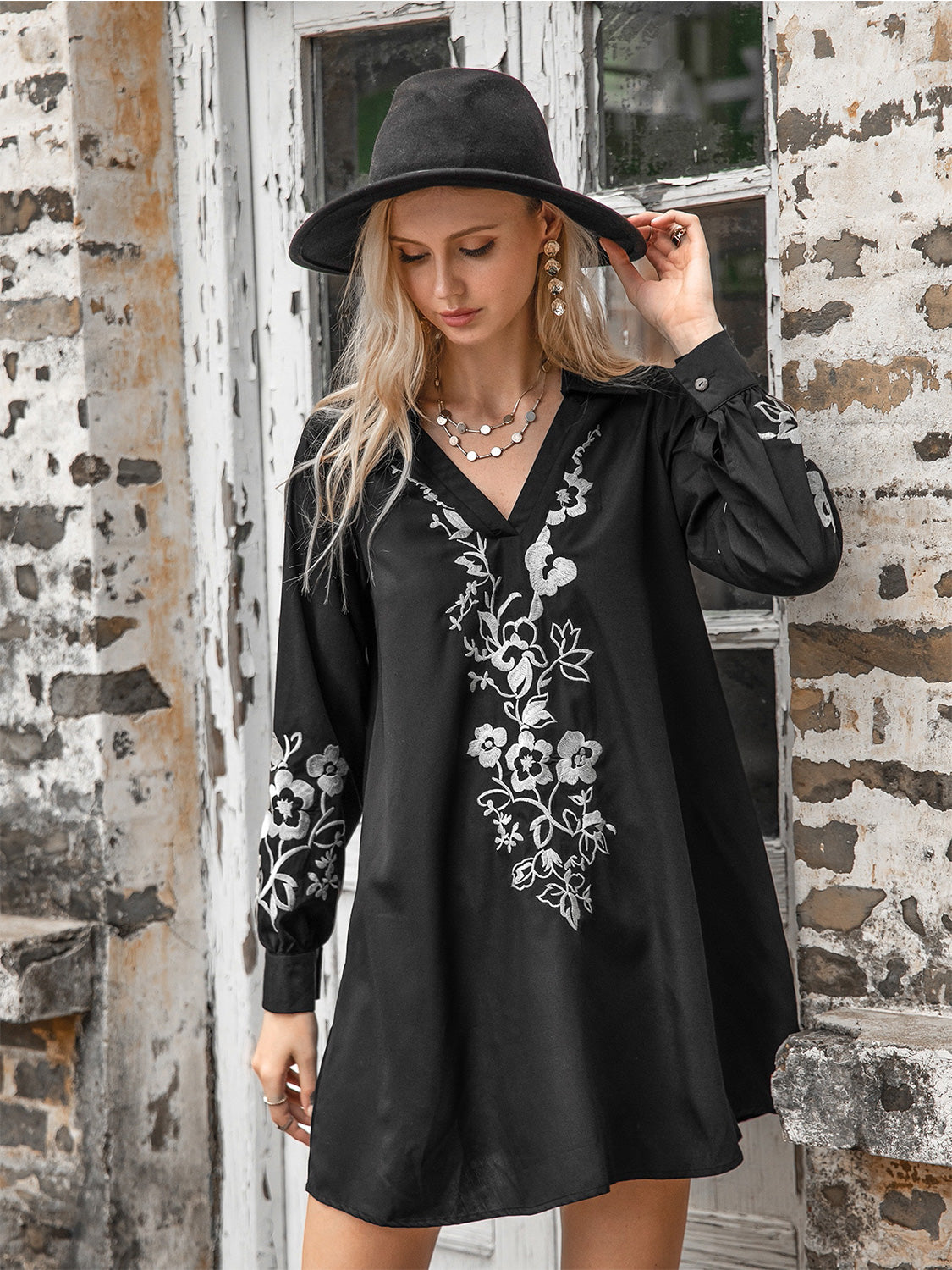 Floral Collared Neck Long Sleeve Dress-Angel Casuals