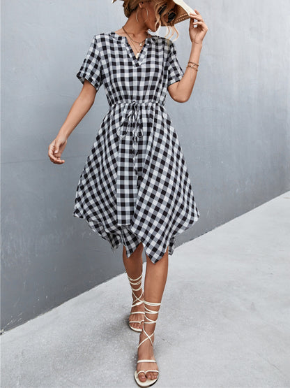 Plaid Notched Short Sleeve Dress-Angel Casuals