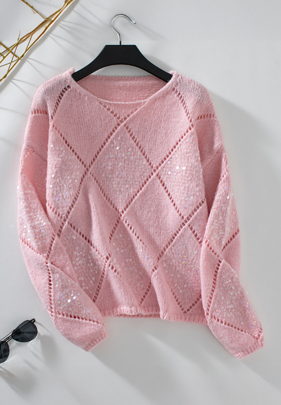 Openwork Sequin Round Neck Long Sleeve Sweater-Angel Casuals