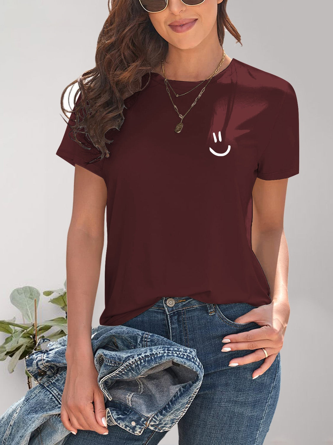 Smile Graphic Round Neck Short Sleeve T-Shirt-Angel Casuals