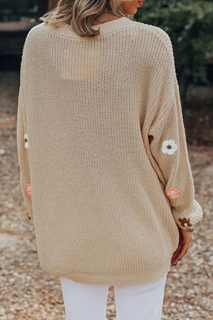 Flower Round Neck Long Sleeve Sweater-Angel Casuals