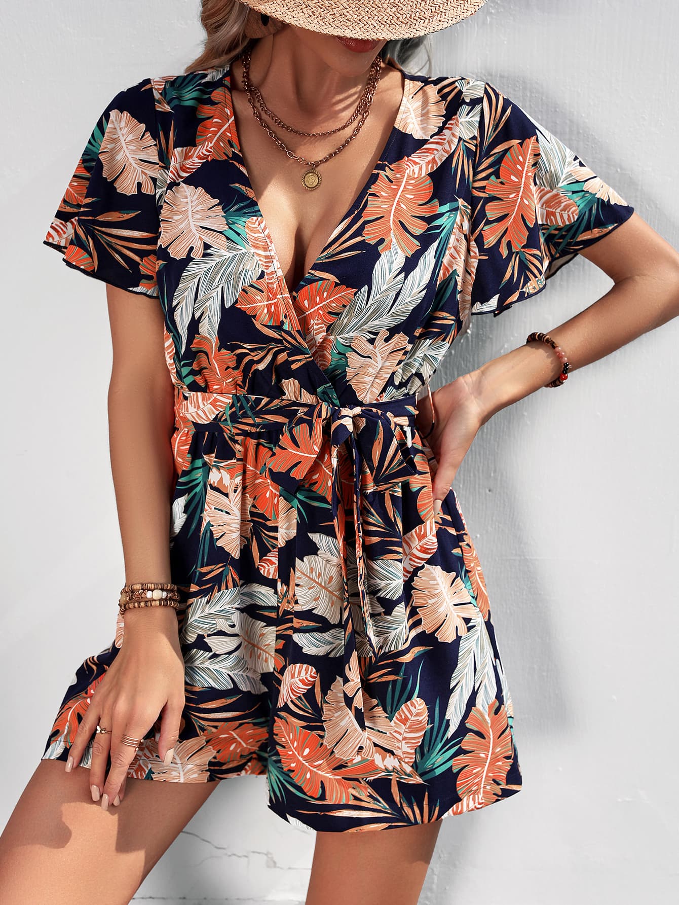 Botanical Print Surplice Neck Tie Waist Romper-Angel Casuals