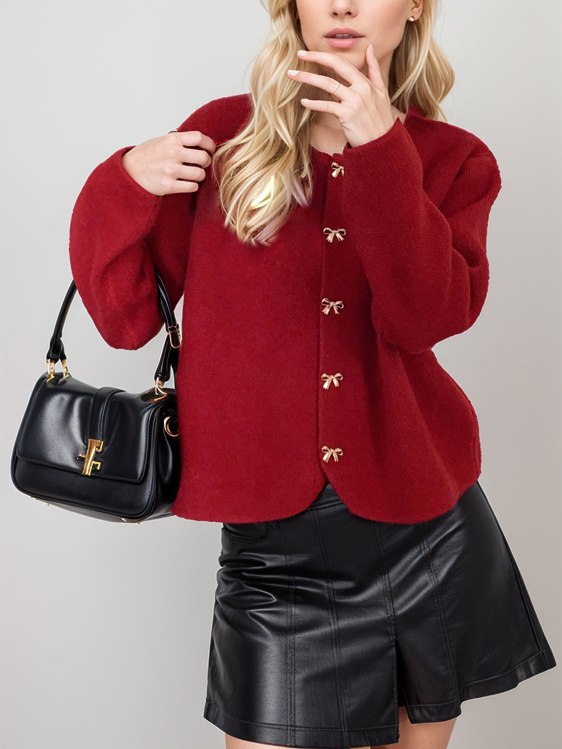 Bow Button Down Round Neck Long Sleeve Cardigan-Angel Casuals