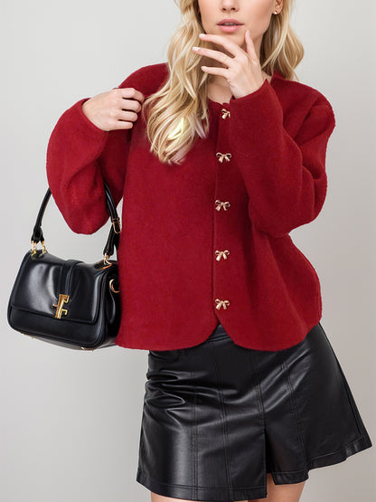 Bow Button Down Round Neck Long Sleeve Cardigan-Angel Casuals