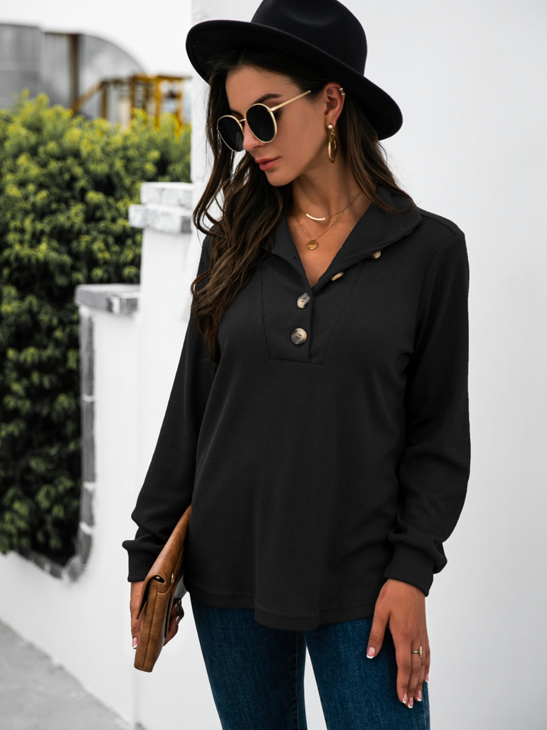 Half Button Long Sleeve T-Shirt-Angel Casuals