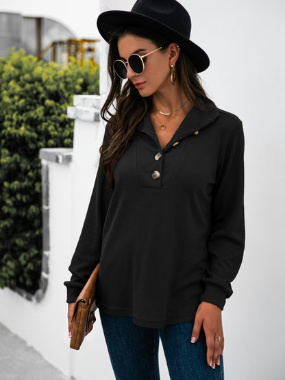 Half Button Long Sleeve T-Shirt-Angel Casuals