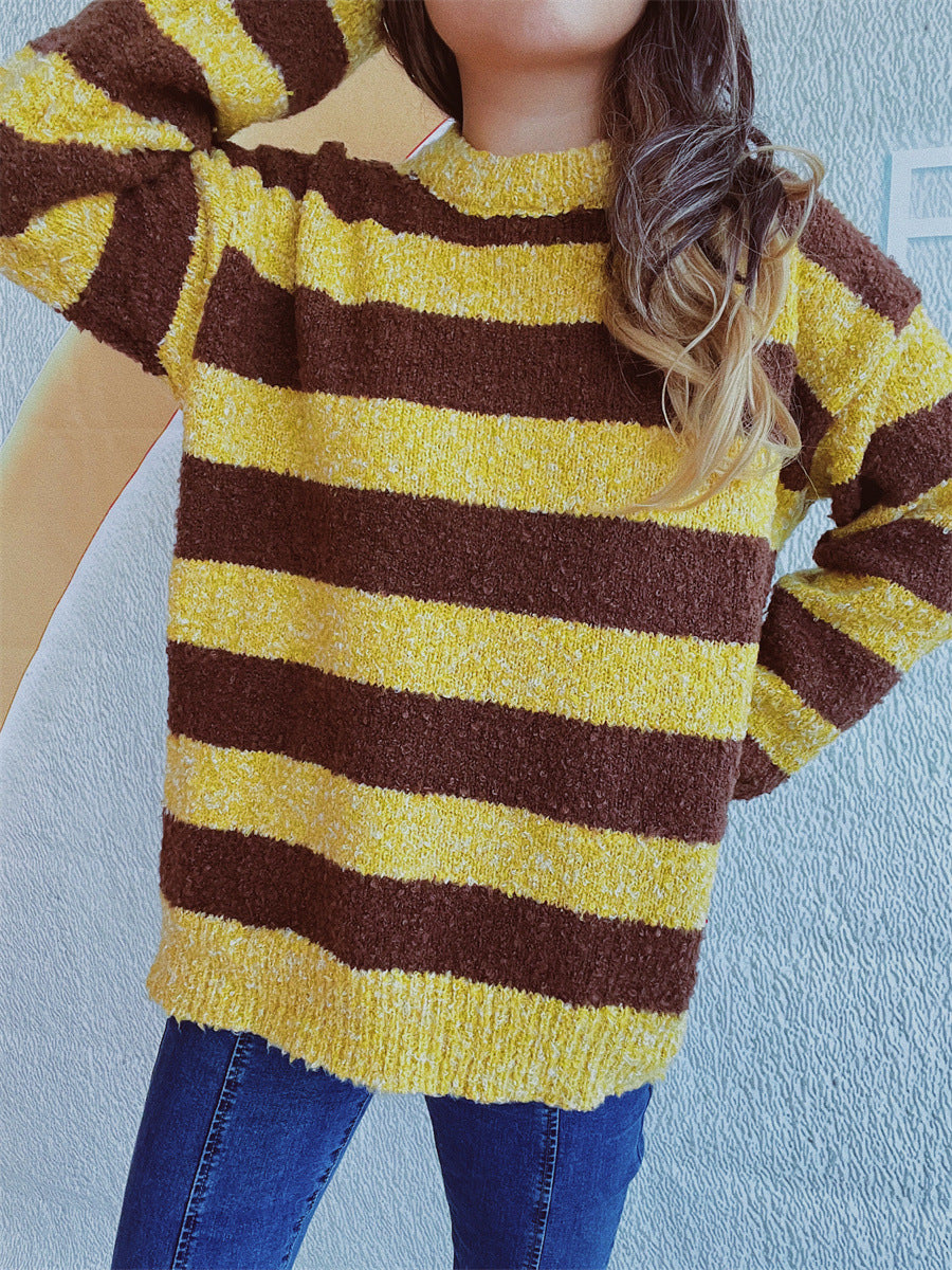 Striped Round Neck Long Sleeve Sweater-Angel Casuals