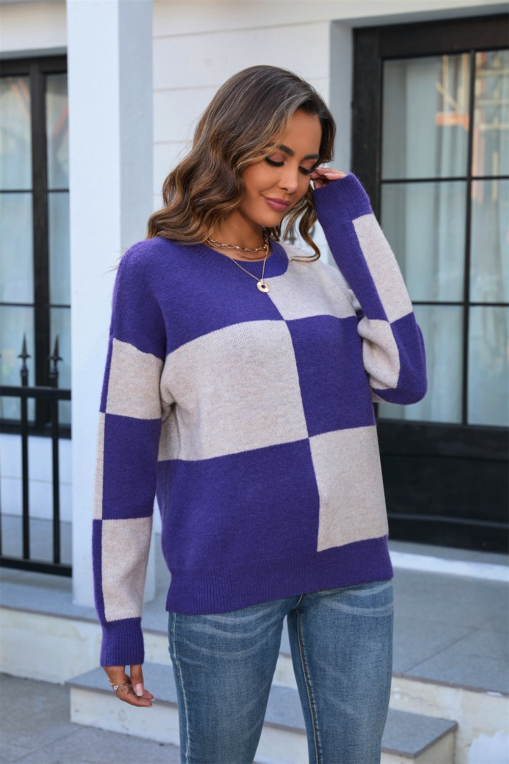 Angel Wings Color Block Round Neck Dropped Shoulder Sweater-Angel Casuals