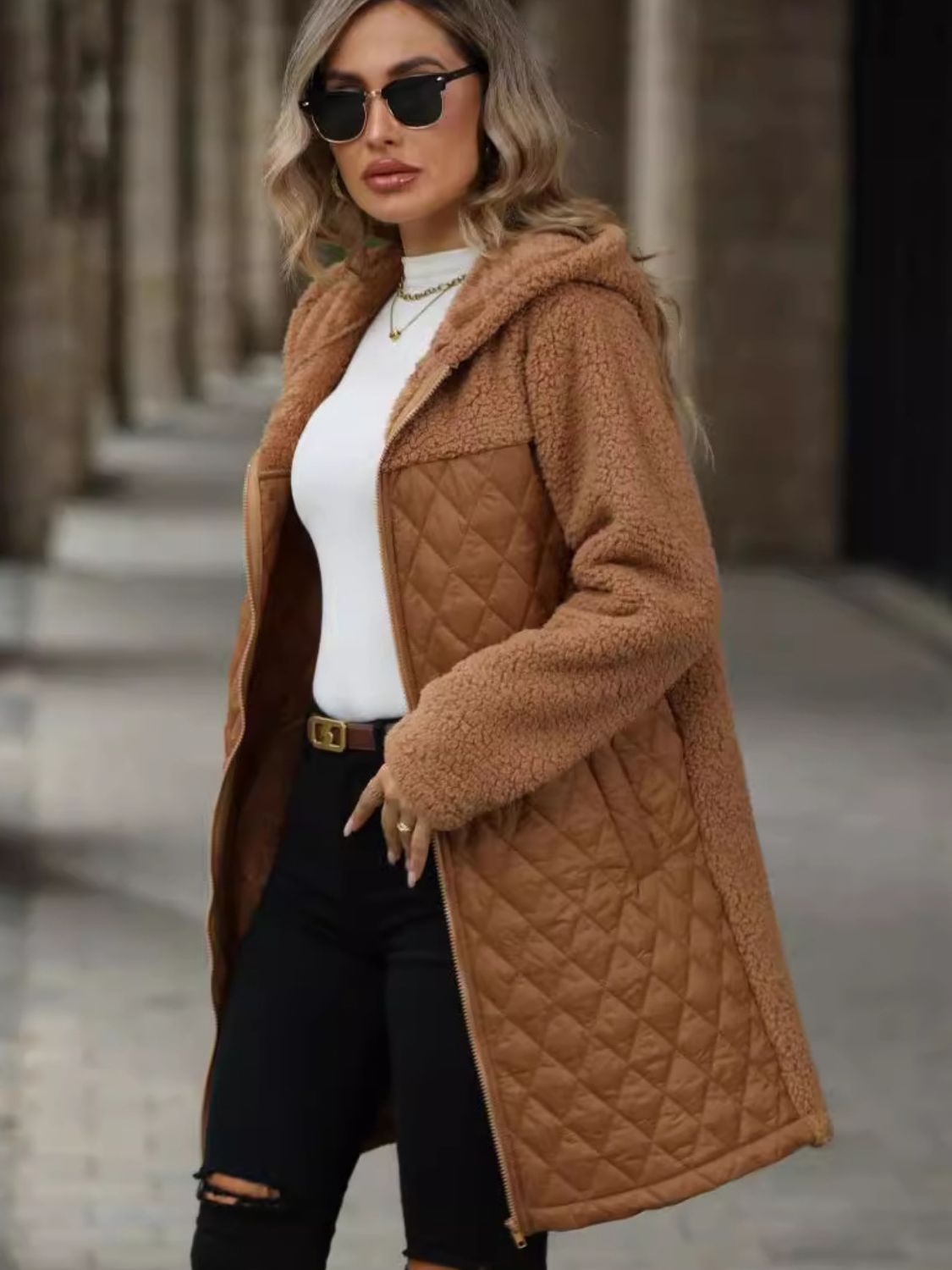 Texture Zip Up Long Sleeve Hooded Coat-Angel Casuals