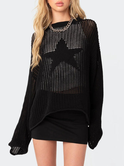 Star Round Neck Long Sleeve Knit Top-Angel Casuals